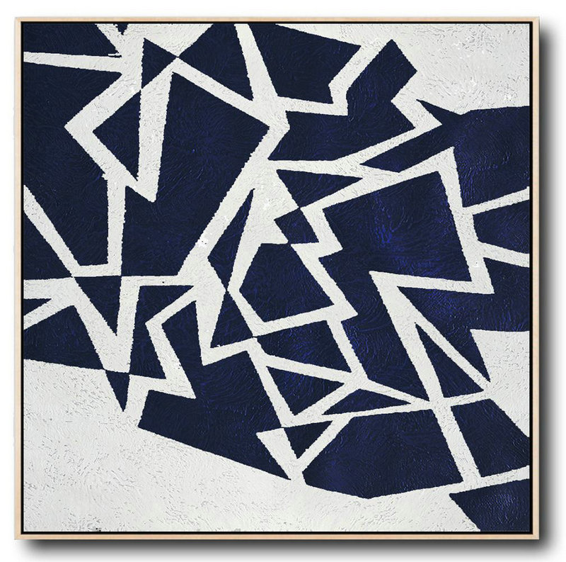 Oversized Canvas Art On Canvas,Minimalist Navy Blue And White Painting,Lounge Wall Decor
